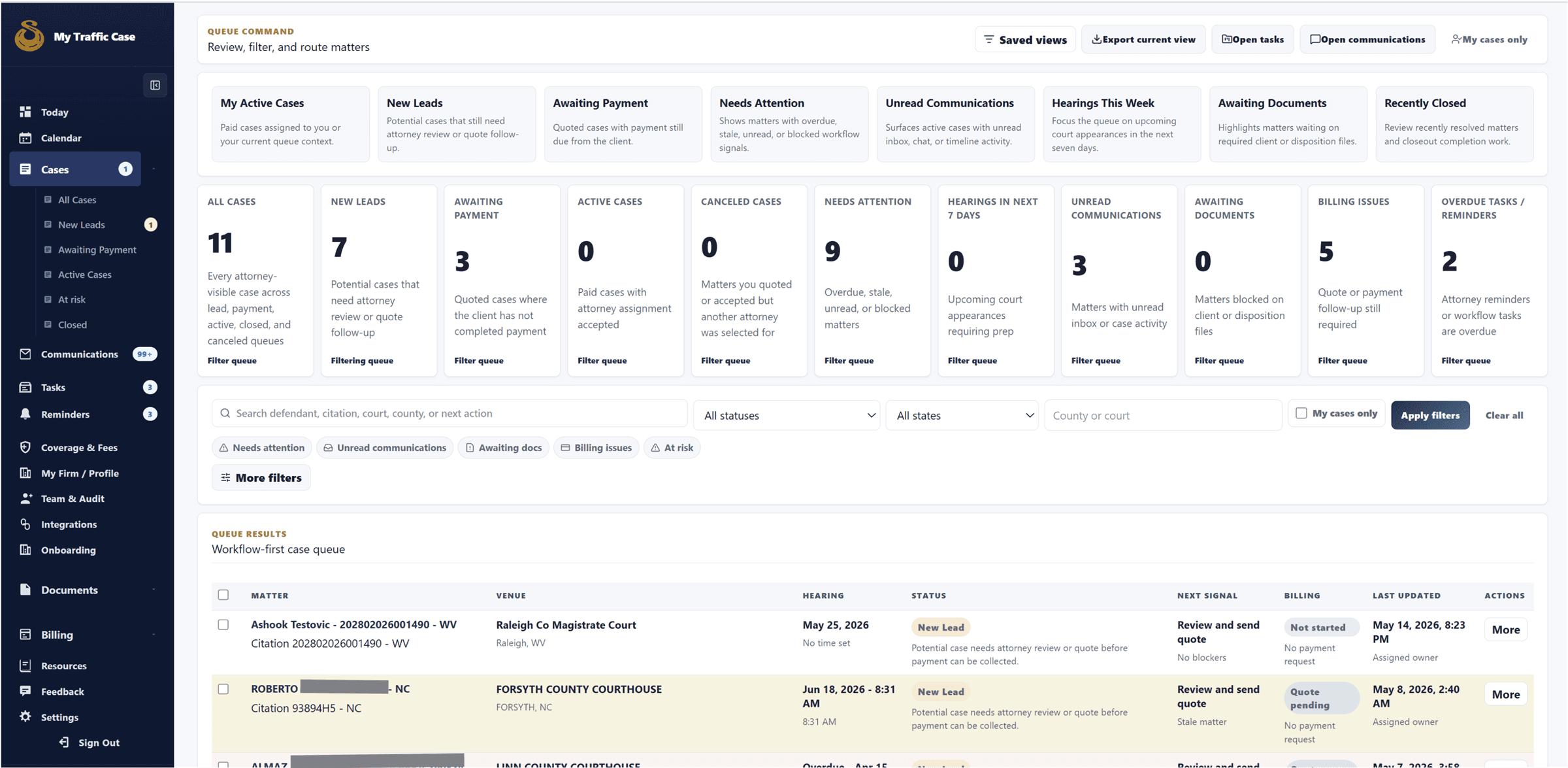Attorney case queue showing saved views, case status, filters, and case rows.